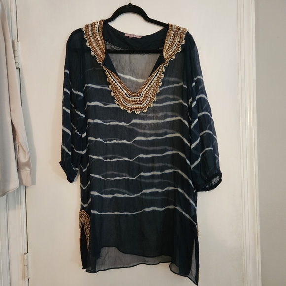 Calypso St. Barth Sheer Black Tunic with Gold Embellishments Medium 100% Silk - Picture 2 of 9